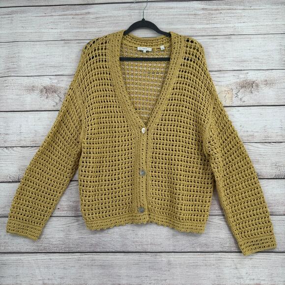 Vince Open Knit Cardigan Sweater Womens 1X Yellow Beige V-Neck - Picture 1 of 10